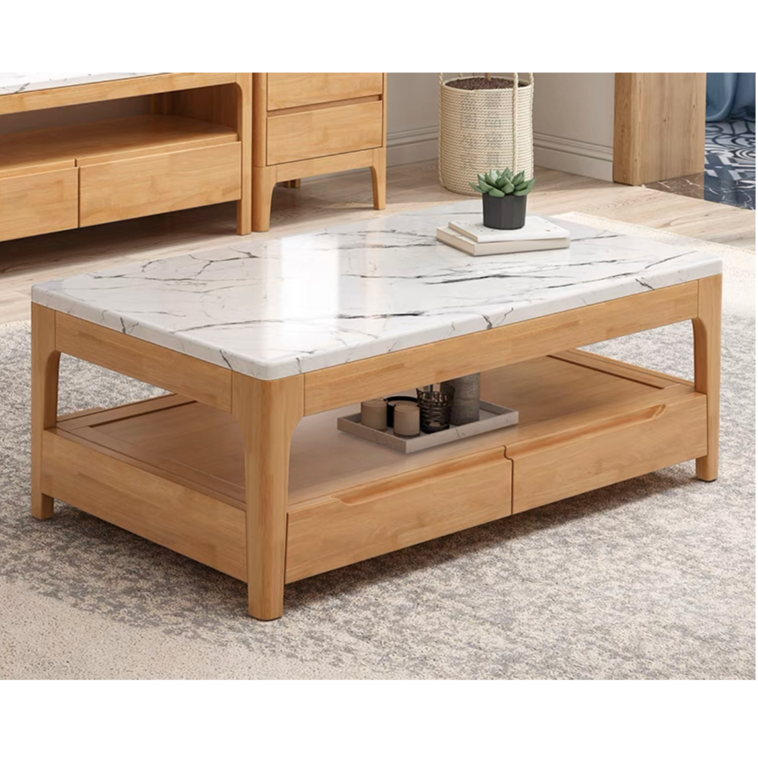 Blair Luxe Marble Top Solid Wood Coffee Table - Two Drawers