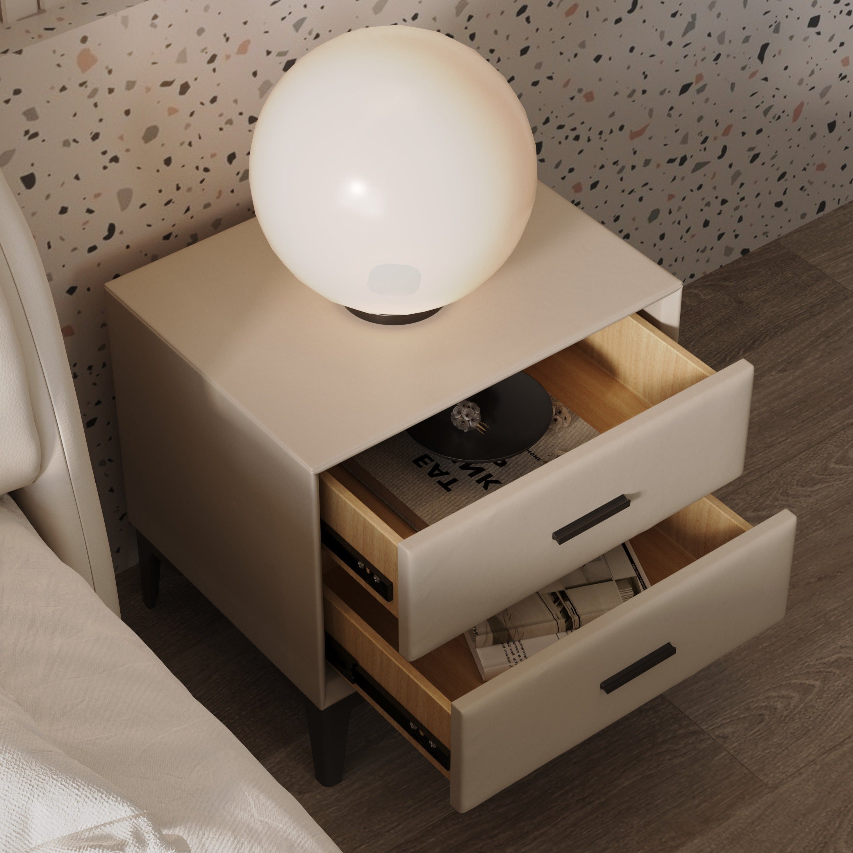 Amir PU leather Bedside Cabinet - Beige